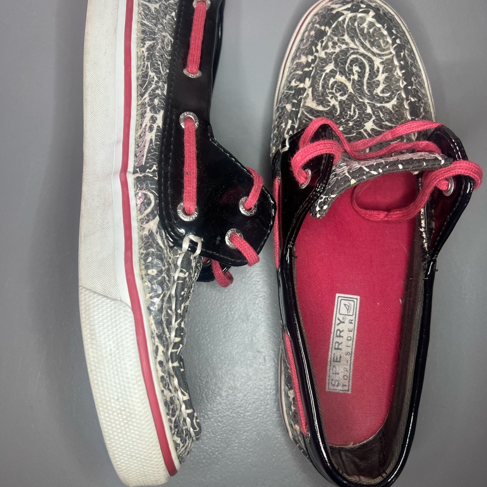 Sperry Top-Sider Women's Boat Shoes Black White Swirl‎ Pink Sequin 7M
